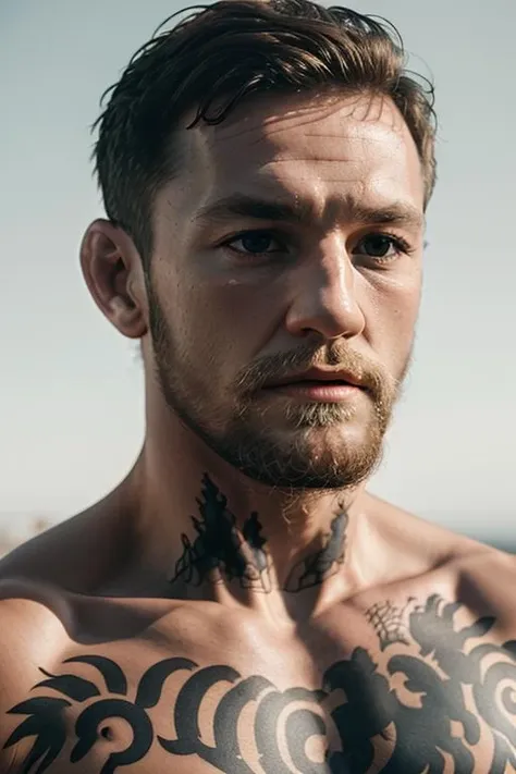 1man, portrait of conormcgregor man, beard, angry, rage, realistic, Photorealistic, Hyperrealistic, Hyperdetailed, bokeh, analog style, hip cocked, demure, low cut, detailed skin, matte skin, soft lighting, subsurface scattering, realistic, heavy shadow, masterpiece, best quality, ultra realistic, 8k, golden ratio, Intricate, High Detail, film photography, soft focus <lora:ARWConorMcgregor2:1>