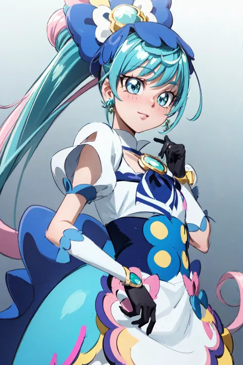 (masterpiece, best quality, ultra detailed), (perfect face, detailed face), (detailed background, complex background:1.2), full-face blush, smile, happy, parted lips,
<lora:locon_cure_spicy_02:1> cure spicy, multicolored hair, ponytail, blue high heels, blue legwear, headwear, gloves, brooch, earrings, ahoge, apron, ribbon, wristwatch,
((gradient background)), lens flare,) <lora:oimanji_v0.2:1>
