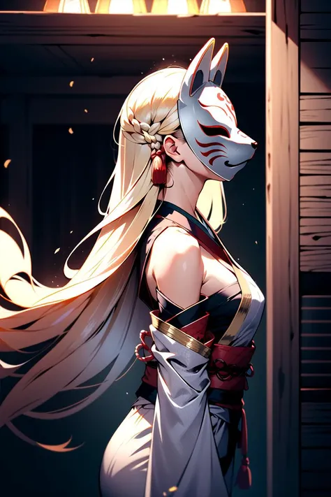 1girl, solo, long hair, gold hair, standing, kitsune-mask, covered face, indoors, buruma, shoulder sash, from side, head tilt, <lora:KitsuneMask_Prodigy_v2:0.7>