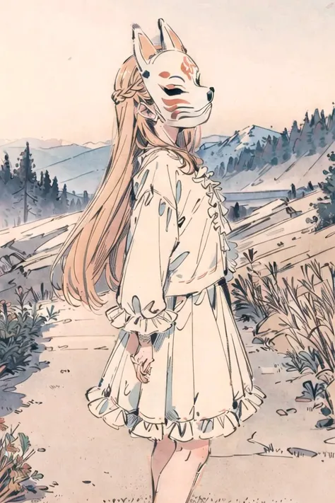 1girl, solo, long hair, orange hair, standing, kitsune-mask, covered face, outdoors, microskirt, frilled shirt, from side, head tilt, mountain, <lora:KitsuneMask_Prodigy_v2:0.7>