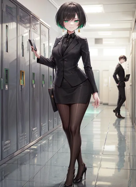 ((best quality)), ((highly detailed)), masterpiece, absurdres, (detailed eyes, deep eyes), (1girl), full body, wide shot, <lora:hairdetailer:1>, <lora:armoredcore6_allmind:.8>, allmind, black hair, short hair green eyes, smirk, formal, suit, black jacket, black necktie, long sleeves, pencil skirt, pantyhose, earrings, high heels, (indoors, at a locker room, metal lockers, stone floor)