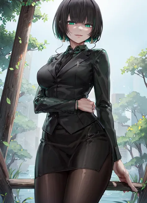 ((best quality)), ((highly detailed)), masterpiece, absurdres, extremely detailed face, beautiful face, (detailed eyes, deep eyes), (1girl), dynamic pose, cowboy shot, <lora:hairdetailer:.8>, <lora:armoredcore6_allmind:1>, allmind, black hair, short hair green eyes, smirk, formal, suit, black jacket, black necktie, long sleeves, pencil skirt, pantyhose, earrings, high heels, (outside, at a swamp, dawn)