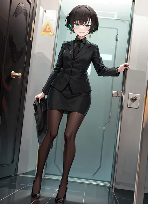 ((best quality)), ((highly detailed)), masterpiece, absurdres, detailed face, beautiful face, (detailed eyes, deep eyes), (1girl), dutch_angle, dynamic pose, full body, <lora:armoredcore6_allmind:.9>, allmind, black hair, short hair green eyes, smirk, formal, suit, black jacket, black necktie, long sleeves, pencil skirt, pantyhose, earrings, high heels, (inside, in an elevator)
