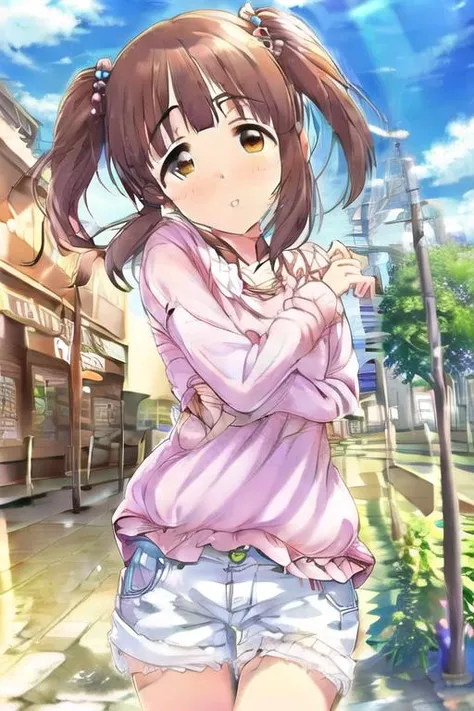 (masterpiece),ogata chieri, brown hair, twintails, brown eyes,1girl, looking at viewer, white shirt,long sleeves, denim shorts, shorts rolled, <lora:Ogata_Chieri:1>