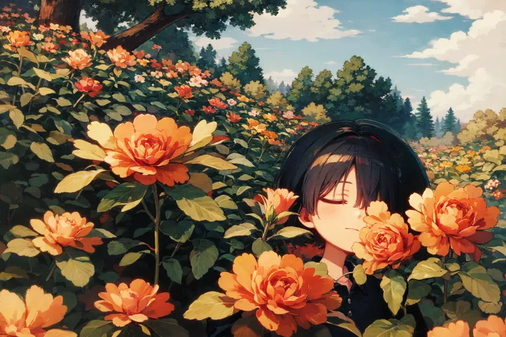 best quality, masterpiece, extremely detailed, detailed background, solo, 1girl, flower, closed eyes, short hair, shirt, pink flower, black hair, collared shirt, sky, upper body, black shirt, outdoors, bush, window, closed mouth, hair over one eye, rose, cloud, long sleeves, bangs, pink rose, day, tree, red flower