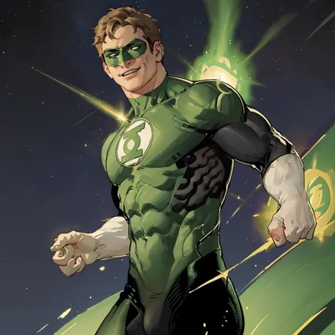 1boy, solo, HalJordan, green lantern, cowboy shot, grinning, flying, fighting pose, superhero pose, dynamic angle