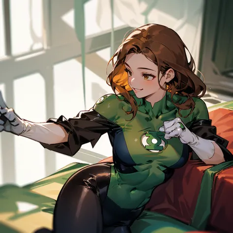 1girl, solo, HalJordan, green lantern, slim waist, (((girl))), medium breasts, brown eyes, (best quality, masterpiece),long brown hair, long hair, playful,sitting, flirty, smile, flirt, fighting pose, black leggings, erotic, white gloves