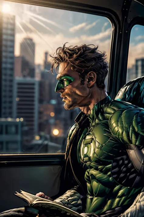 green lantern, (establishing shot:1.5), (side view:1.5), in a bus, reading, <lora:HalJordan:1>, <lora:add_detail:0.8>, <lora:CineStyle5:0.5>
