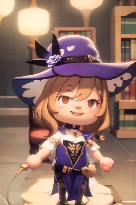 masterpiece, best quality, <lora:lisa:1>,  <lora:ach02-000010:1>,indoors,library,chibi,1girl,witch hat, brown hat,long hat,flower,rose,purple dress,black thighhighs, smile