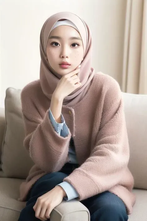 Masterpiece,high res,realistic skin,beautiful girl, expresive face, (wearing hijab), beautiful face, eyelid, (mole under eye), blush, glossy lips, wearing winter coat, wearing trousers, sitting on sofa, elegant, medium full shot