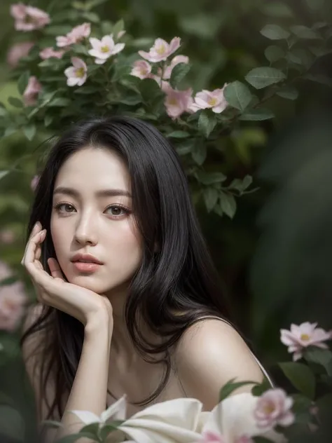 masterpiece,best quality, (photorealistic:1.5), (realskin:1.5), 1girl, <lora:more_details:0.8>, BRAV5_Realisianv50_PFv30,
solo, with flowers in front, black hair, long hair, black eyes, long eyelashes, realistic, looking at the audience, lips, upper body, green plants behind