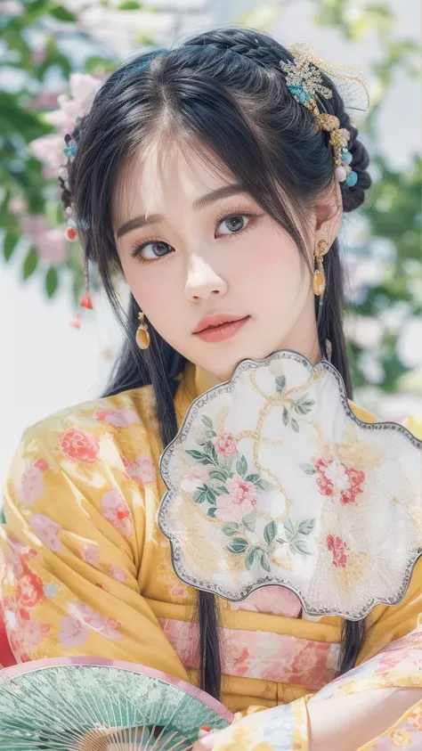 masterpiece,best quality,(photorealistic:1.5),(realskin:1.5),1girl,<lora:add_detail:1>,BRAV5_Realisianv50_PFv30,
1girl, solo, black hair, hand fan, jewelry, earrings, hair ornament, chinese clothes, long hair, upper body, holding, blurry background, holding fan, black eyes, closed mouth, hanfu
