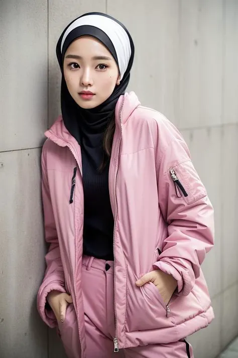 Masterpiece,high res,realistic skin,beautiful korean girl, expresive face, (wearing hijab), beautiful face, eyelid, (mole under eye), blush, glossy lips, wearing jacket, wearing trousers, standing, laying on wall, medium full shot