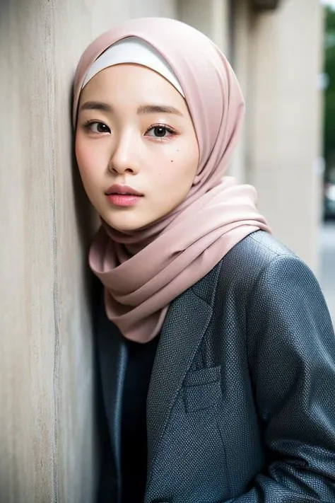 Masterpiece,high res,realistic skin,beautiful korean girl, expresive face, (wearing hijab), beautiful face, eyelid, (mole under eye), blush, glossy lips, wearing jacket, wearing trousers, standing, laying on wall, medium full shot