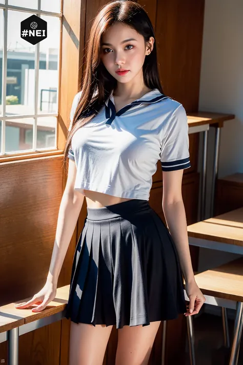 without acne ,no freckles , smooth, tints, hdri, 4k, 8k, slender face,Cameltoe,1girl,distinct_image,distinct image,
ShinomiyaYurika,<lyco:GoodHands-beta2:0.7>,sony a7r IV camera,85mm lens, realistic skin,
(masterpiece), ((ultra-detailed)), (highly detailed CG illustration), (best quality:1.2), realistic8K UHD,
high definition, high quality texture, intricate details, detailed texture, finely detailed, high detail, extremely detailed cg,
high quality shadow, depth of field, cinematic Light, lens flare, ray tracing, perspective, 20s, distinct_image, high_resolution, solo focus,
(perfect hands, perfect anatomy),(8k,masterpiece:1.2, best quality),(ultra high res:1.0),(photorealistic:1.4),raw photo,detailed illustration, (detailed beautiful skin:1.5),(photographic pose:1.5),(front focus),<lora:add_detail:1>,<lora:epi_noiseoffset2:1>,1girl, solo, skirt, long hair, realistic, school uniform, black hair, midriff, navel, looking at viewer, indoors, classroom, pleated skirt, chair, locker, crop top, desk, white skirt, brown eyes, standing, lips, serafuku, (gigantic_breasts:0.7),