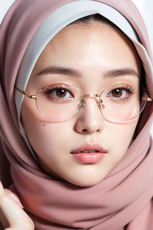 Masterpiece,high res,beautiful girl, expresive face, (wearing hijab), beautiful face, (glasses), eyelid, (mole under eye), blush, glossy lips, wearing overcoats, close up