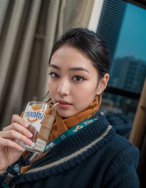 masterpiece,best quality,(photorealistic:1.5),(realskin:1.5),1girl,<lora:add_detail:1>,Stewardess takes selfie while drinking milk,