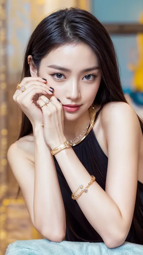 masterpiece,best quality,(photorealistic:1.5),(realskin:1.5),1girl,<lora:add_detail:1>,BRAV5_Realisianv50_PFv30,
softly smile, black long hair, jewelry, ring, looking at viewer,brown eyes, bracelet,necklace, black dress, blurry background, black nails, nail polish, sleeveless, closed mouth, bare shoulders, upper body,
Wear a ring on the index finger and stop of your right hand, and a jewelry bracelet on left hand