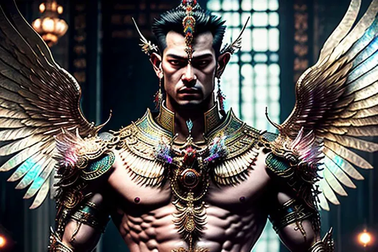 ((((1boy , full shot :1.5)))),(8k, RAW photo, best quality, masterpiece:1.2), (realistic, photo-realistic:1.4), (extremely detailed CG unity 8k wallpaper) , (( photo of handsome male Garud huge body top half of the man. handsome face, The lower half is hummingbird. wearing Haute Couture thai style , detailed intricate ornate armour, Very realistic, decaying, cybernetic, celebration costume, jewellery, adorned with iridescent gems :: standing inside a thai buddhist temple, angel, by thawan duchanee and chalermchai kositpipat stylel :1.4)),((super biggest muscle chest )), ((muscular arms and a broad chest, strong, athletic, muscle:1.3 )), hyper detailed, soft lighting, strong backlight, beautiful lighting , hyperreal, front shot, ((random photorealistic full pose :1.3)),(day scene:1.2) 4k, cinematic, widescreen, zoom out, intricate detail, finely detailed, hyper detailed, insane details, centered, epic composition, smooth, extreamly realistic, cenematic, attractive beautiful, hyper realistic, photographed by Canon EOS 6D Mark II RF