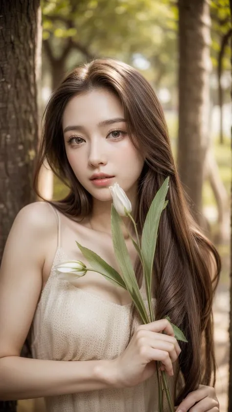 masterpiece,best quality, (photorealistic:1.5), (realskin:1.5), 1girl, <lora:more_details:0.8>, BRAV5_Realisianv50_PFv30,
solo, long hair, brown hair, Holding flowers with the right hand, brown eyes, upper body, blurry background, white dress, Relying on the big tree,