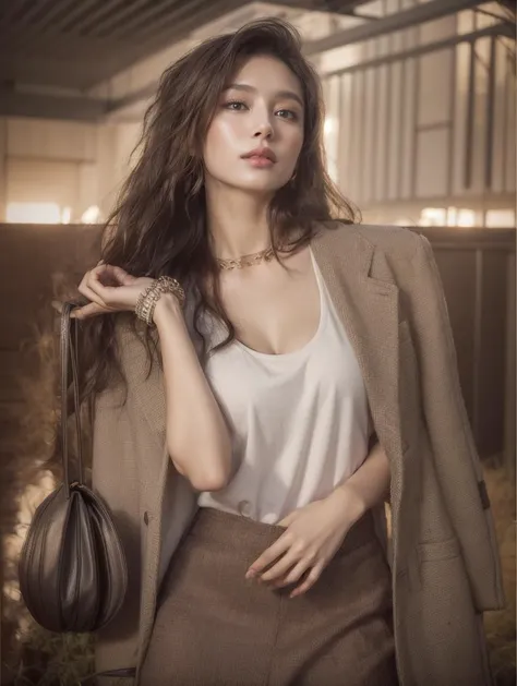 masterpiece,best quality, (photorealistic:1.5), (realskin:1.5), 1girl, <lora:more_details:0.8>, BRAV5_Realisianv50_PFv30,
skirt, handbag, long hair, jewelry, jacket, necklace, bag, brown hair, bracelet, jacket on shoulders, lips, grey skirt, standing, looking at viewer, brown eyes, white shirt, watch