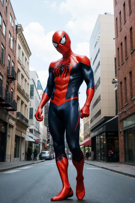 masterpiece, best quality, Spiderman, full tiny Spiderman suit, city background, (muscular:1.35), (full_body and full_leg), (male_focus), hi-tech version, SPAWN mask, Venom, Miles giant version is walking in the buildings, super huge size of spiderman,