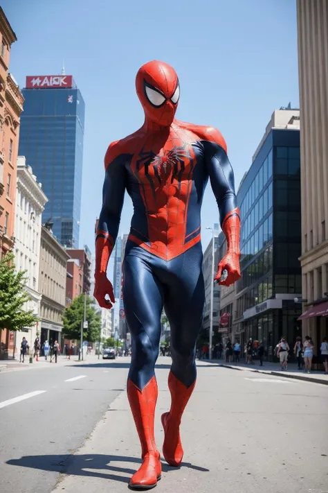 masterpiece, best quality, Spiderman, full tiny Spiderman suit, city background, (muscular:1.35), (full_body and full_leg), (male_focus), hi-tech version, SPAWN mask, Venom, Miles giant version is walking in the buildings, super huge size of spiderman,