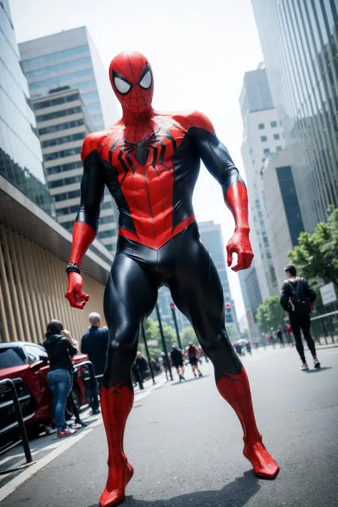 masterpiece, best quality, Spiderman, full tiny Spiderman suit, city background, (muscular:1.35), (full_body and full_leg), (male_focus), ((hi-tech version)), hi-tech skin, huge eye, SPAWN mask, Venom, Miles giant version is walking in the buildings, super huge size of spiderman, metal skin, (Eight metal mechanical titanium alloy spider legs on the back)