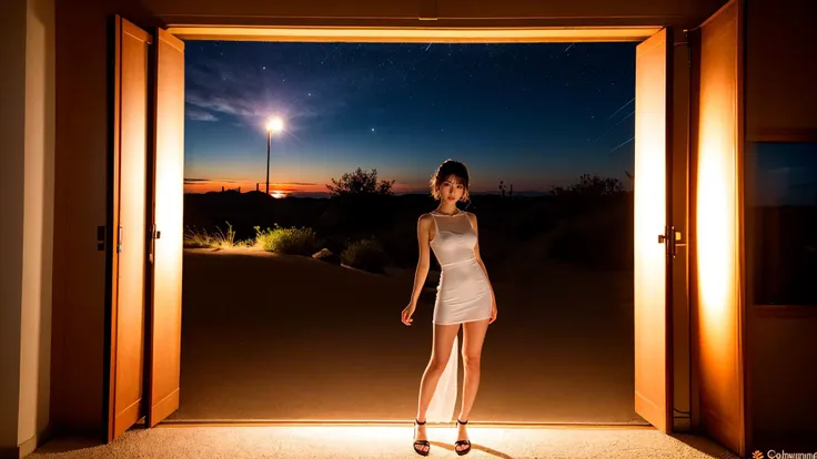 Kali, short curly hair, (best quality:1),(ultra highres:1),(night:1.2),desert,modern,Europe,meteor shower,print_cheongsam,(see through:1.2),(just one photo:1.5),age 25,big breasts,(1girl:2.2),(solo:1.3),realistic,japanese idol,(full body:1.2),cumulonimbus,castle,
