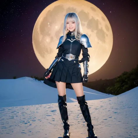 (1girl:2),(full body:1.2),smile,standing,short hair,desert,skinny,humanoid_robot_,pony-tail,long hair,orange eyes,cyborg,armored_boots,mecha,armor,full_shot,wide_shot,stare,fisheye,silver hair,full_moon,thigh_boots,midnight,