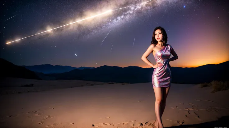 Anika, medium (shoulder-length:1.2) brush-cut hair, (best quality:1),(ultra highres:1),(night:1.2),desert,modern,Europe,(meteor shower:1.2),print_cheongsam,(just one photo:1.5),age 25,big breasts,(1girl:2.2),(solo:1.3),realistic,japanese idol,(full body:1.2),cumulonimbus,castle,
