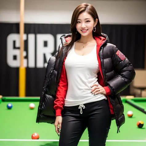 (1girl:1.3),full body,adult,(stylish_pose:1.1),wide_shot,slender_waist,big breasts,teasing_smile,skinny,slender,fisheye,earrings,hair_ribbon,billiard,standing,casual,down jacket,hoodie,cargo_pants,