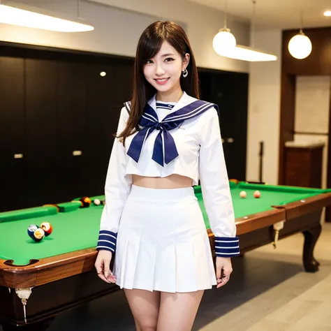 (1girl:1.3),full body,adult,(stylish_pose:1.1),wide_shot,slender_waist,big breasts,teasing_smile,skinny,slender,fisheye,earrings,hair_ribbon,billiard,standing,sailor_senshi_uniform,