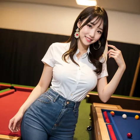 (1girl:1.3),full body,adult,(stylish_pose:1.1),wide_shot,slender_waist,big breasts,teasing_smile,skinny,slender,fisheye,earrings,hair_ribbon,billiard,standing,oversized_shirt,borrowed_garments,
