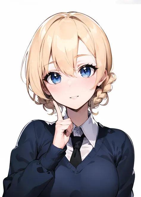 (masterpiece, best quality, ultra-detailed, best shadow), (detailed background), (beautiful detailed face), high contrast, (best illumination, an extremely delicate and beautiful), ((cinematic light)), colorful, hyper detail, dramatic light, intricate details,
white background,
1girl, solo, st. gloriana's school uniform, blue sweater, black necktie, white shirt,st. gloriana's \(emblem\),(darjeeling \(girls und panzer\):0.9),
upper body,finger on own face,