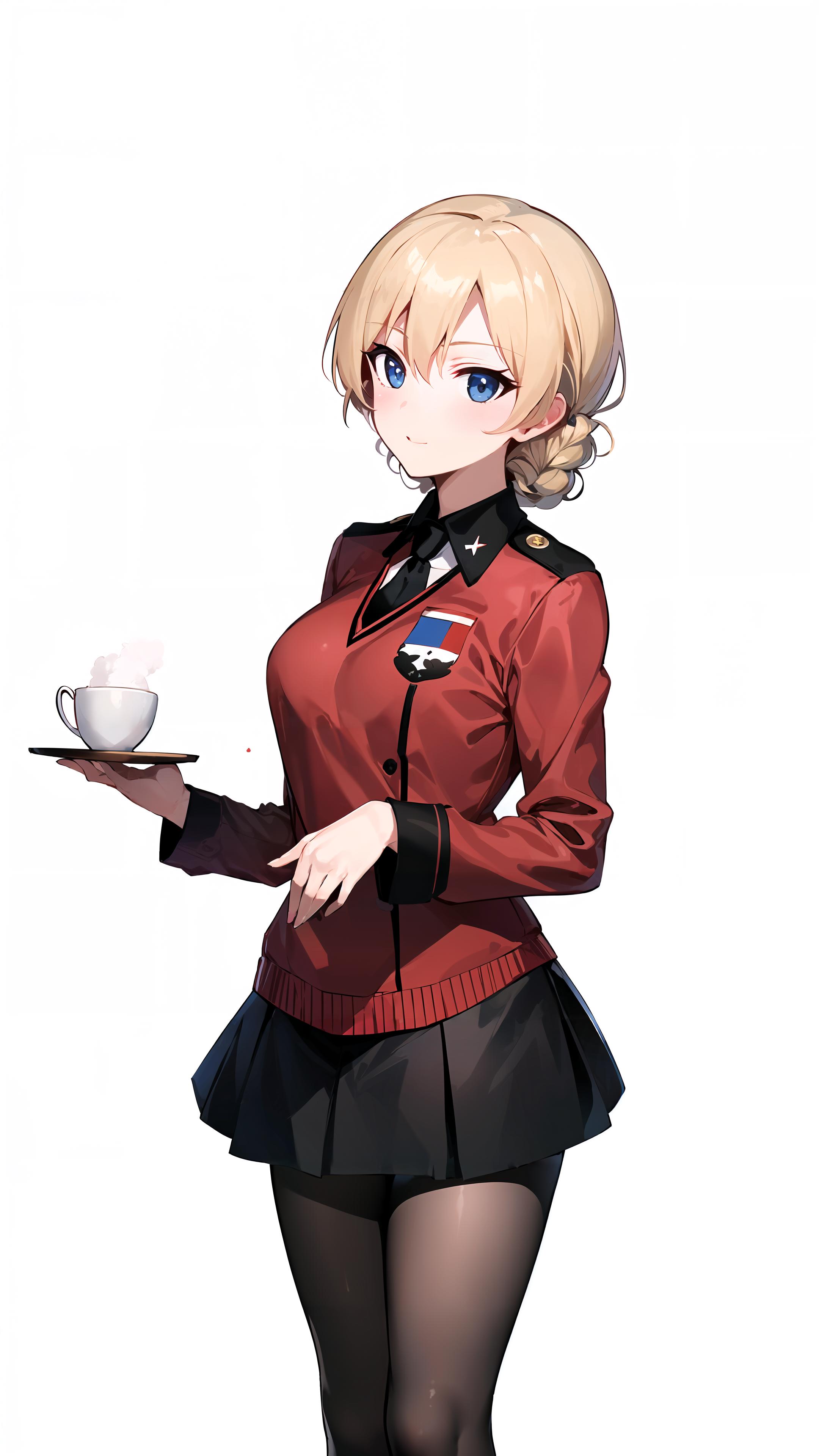 Anime girl in uniform holding a cup of coffee - SeaArt AI