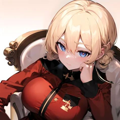 (masterpiece, best quality, ultra-detailed, best shadow), (detailed background), (beautiful detailed face), high contrast, (best illumination, an extremely delicate and beautiful), ((cinematic light)), colorful, hyper detail, dramatic light, intricate details,
1girl, solo, st. gloriana's school uniform, st. gloriana's \(emblem\),(darjeeling \(girls und panzer\):1.2),
red uniform,
left hand on chin,large breasts,sigh, sitting, chair,