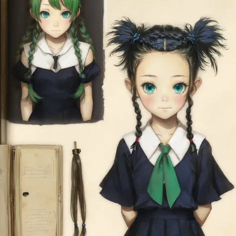 <lora:spiderwickwikia:1> , spiderwickwikia, picture, paper, book, drawing of,
1girl, bangs, black gloves, black ribbon, black serafuku, blue eyes, braid, elbow gloves, gloves, green hair, green neckerchief, hair between eyes, hair flaps, hair ribbon, neckerchief, parted bangs, ponytail, ribbon, school uniform, serafuku, side braids, sidelocks, solo, twin braids, upper body, wrist cuffs