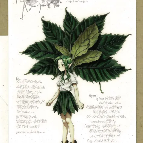 <lora:spiderwickwikia:1> , spiderwickwikia, picture, paper, drawing of, 1girl, artist name, cropped torso, green hair, hand up, highres, hole, leaf, medium hair, photo, plant, shirt, short sleeves, simple background, solo, sparkle, traditional media, transparent, upper body, white background, white shirt