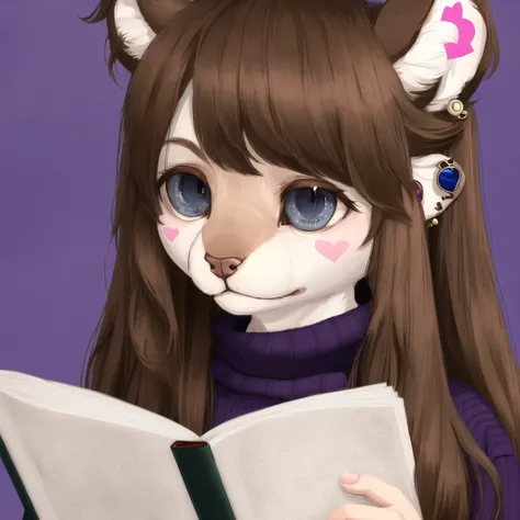 <lora:furryart:1.0>, (furryart:1.0), furry, anthro, drawing, painting, 1girl, :3, bangs, blue eyes, blush, book, brown hair, ear studs, earrings, heart, heart-shaped pupils, holding, holding book, jewelry, long hair, open book, purple sweater, school uniform, shirt, side ponytail, solo, sweater, swept bangs, symbol-shaped pupils, upper body, white background, wing collar