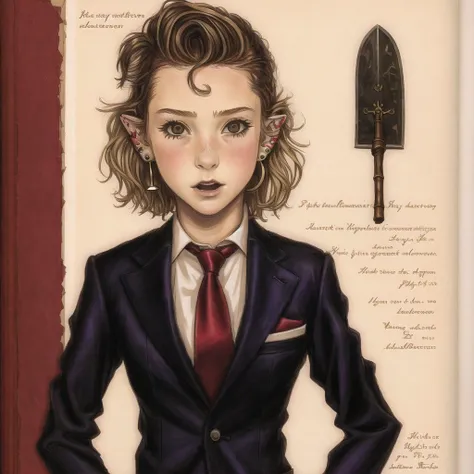 <lora:spiderwickwikia:1> , spiderwickwikia, picture, paper, drawing of, +++, 1girl, axe, blonde hair, blush, business suit, ear piercing, formal, halloween costume, highres, necktie, open mouth, patrick bateman, piercing, red eyes, red neckwear, short hair, solo, suit