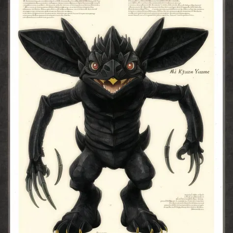 <lora:spiderwickwikia:1> , spiderwickwikia, picture, paper, drawing of, aki yamane, black eyes, border, bright pupils, character name, claws, full body, highres, looking to the side, no humans, pokemon \(creature\), shiny, solo, white border, white pupils