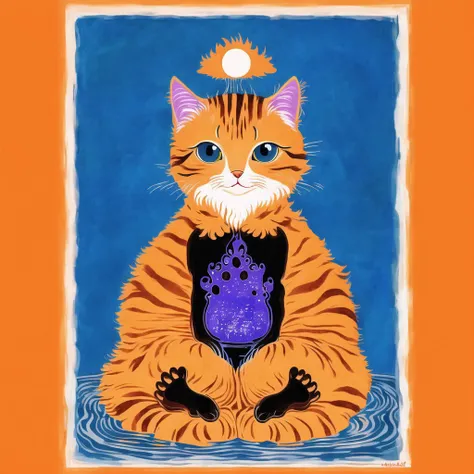 <lora:artofmaquenda:1>, artofmaquenda,  poster, letterboxed, pillarboxed, illustration, simple background, = =, animal on head, blush, cat, cat on head, feet in water, flat chest, orange eyes, paw print, sitting, skirt, soaking feet, solo, too many cats, water