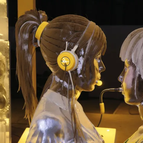 <lora:icescultpures:1.0>,  icescultpures,  ice statue,  ice figurine, transparent, blurry background,  brown hair, headphones, headset, japanese clothes, microphone, side ponytail, yellow eyes
