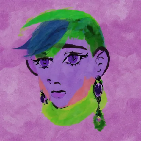 <lora:shilstone_artsls_v2:1.0>, (shilstone_arts:1.0), picture, drawing, painting, earrings, face, green hair, jewelry, messy hair, multicolored hair, oekaki, pink hair, purple eyes, solo, violet eyes