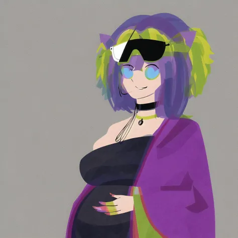 <lora:shilstone_artsls_v2:1.0>, (shilstone_arts:1.0), picture, drawing, painting, 1girl, animal collar, animal ears, bangs, bare shoulders, black hair, blue eyes, bright pupils, closed mouth, collar, collarbone, dog ears, dog tags, floppy ears, goggles, goggles on head, grey background, hair bobbles, hair ornament, halo, hands up, highres, holding, jacket, long hair, long sleeves, multicolored clothes, multicolored jacket, off shoulder, open clothes, open jacket, pregnancy test, purple collar, smile, solo, striped, tsuzura \(pixiv74922627\), twintails, upper body, white pupils