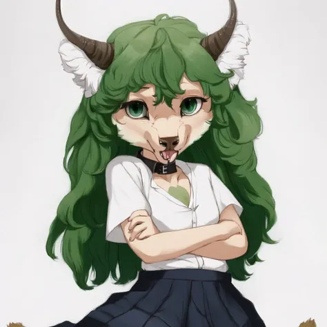 <lora:furryart:1.0>, (furryart:1.0), furry, anthro, drawing, painting, 1girl, cloud print, collared shirt, eyebrows visible through hair, green eyes, green hair, hands up, horn, kneeling, long hair, looking at viewer, open mouth, sandals, shirt, short sleeves, simple background, skirt, solo, white background