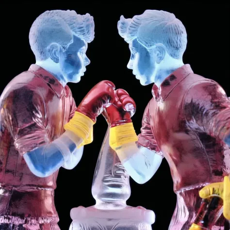 <lora:icescultpures:1.0>, icescultpures, ice statue, ice figurine, transparent, blurry background, 3boys, black background, blue gloves, copyright name, glasses, gloves, limited palette, male focus, multiple boys, parted lips, red gloves, solo focus, yellow gloves
