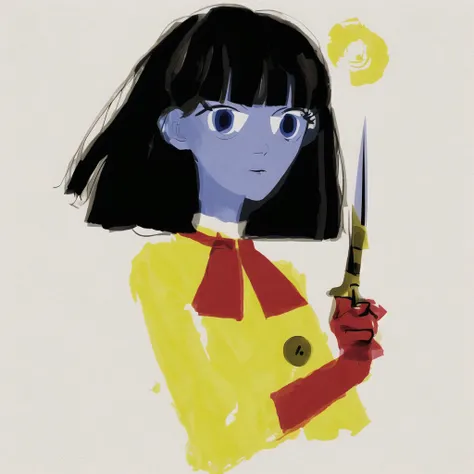 <lora:shilstone_artsls_v2:1.0>, (shilstone_arts:1.0), picture, drawing, painting, 1girl, arm up, bangs, black hair, blue sailor collar, blush, buttons, collarbone, cutting hair, eyebrows visible through hair, frown, gloves, hair ribbon, holding, holding hair, holding scissors, long hair, long sleeves, outline, red eyes, red ribbon, ribbon, sailor collar, school uniform, scissors, serafuku, simple background, single glove, solo, squiggle, sweatdrop, tress ribbon, twitter username, upper body, white gloves, white outline, yellow background, yellow neckwear