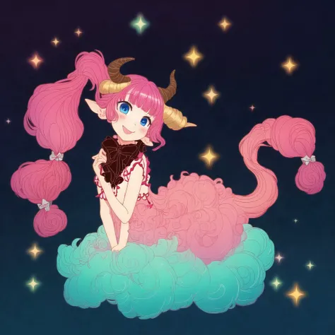 <lora:artofmaquenda:1>, artofmaquenda, poster, letterboxed, pillarboxed, illustration, simple background, 1girl, :d, bangs, blue eyes, blush, curled horns, detached sleeves, dragon horns, dragon tail, dress, eyebrows visible through hair, finger gloves, flat chest, floating hair, frilled dress, frills, gradient, gradient background, hair ribbon, hand up, highres, horns, long hair, looking at viewer, open mouth, pink hair, pointy ears, ribbon, sidelocks, simple background, smile, solo, sparkle, tail, two side up